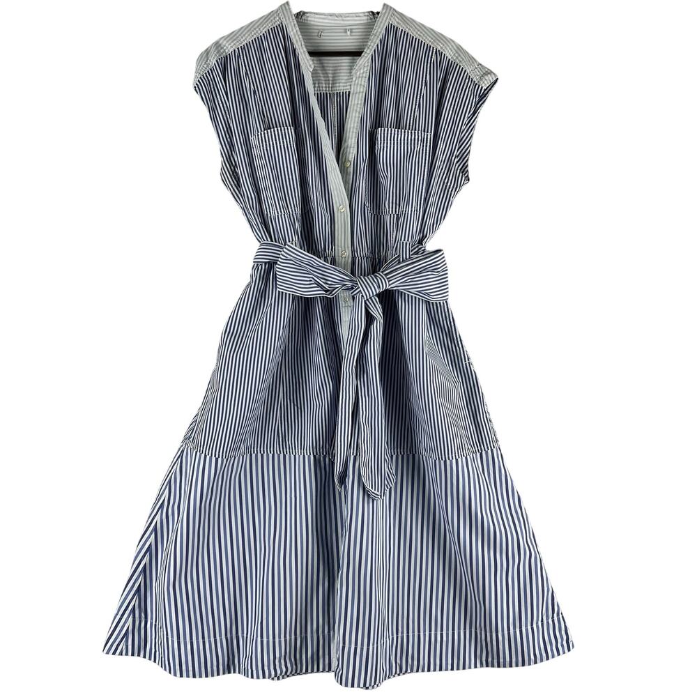 Free Assembly Womens XL Blue White Stripe Tiered Belted 100% Cotton Shirtdress